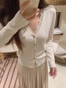White Lace Trim Patchwork V-Neck Knit Cardigan Women's Autumn/Winter New Design Stylish Knit Sweater Top - Asami Anzu - View 3