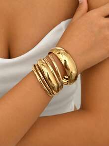 6pcs Women's Gold Bracelet Set, Wide & Thin Stackable Bracelets, Minimalist Personalized Wrist Accessories, Suitable For Daily Wear And Party Outfits - Gold - View 1