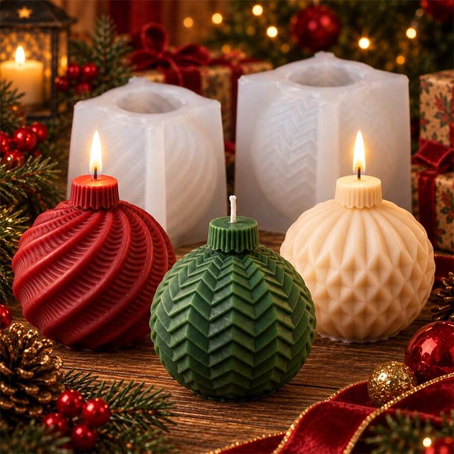 3D Geometric Christmas Ball Candle Mold DIY Diamond Xmas Sphere Ornament Silicone Mold For Holiday Candle Plaster Soap Making Home Decor Handmade Gifts