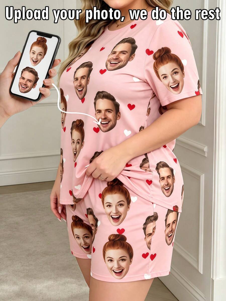 2pcs Plus Size Customized Face Photo Red Heart Pajama Set, Women's Loungewear Sleepwear Shorts Set, Personalized Gift For Wife - Multicolor - View 1
