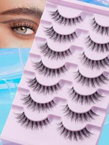 7 Pairs Natural D Curl Clear Stem Cross Style False Eyelashes - Black - View 6