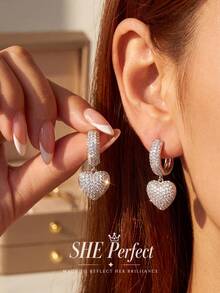 1 Pair Shiny Zirconia Heart-Shaped Earrings, Suitable For Women's Daily Wear, Wedding Party, Birthday Anniversary Jewelry Gift - Love 4 - View 6
