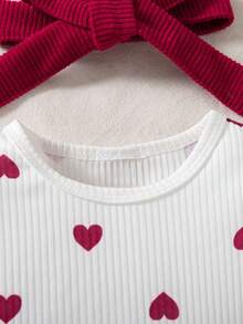 2pcs/Set Girls Casual Outfits - Heart Print Long Sleeve Top And Adjustable Strap Skirt With Headband, Spring/Autumn - الأحمر - مشاهدة 3