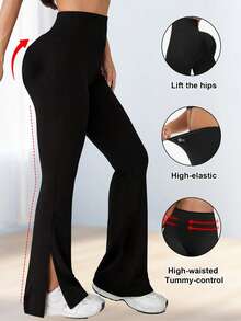 1pc Women's Solid Color Flare Pants, High Elasticity Comfortable Fabric, Anti-Wrinkle, Stretchy Tight-Fitting Sports Pants - Black - View 3