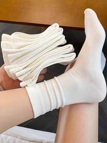 1/4/6/8/12 Pairs Solid Color Minimalist Comfortable Wide Cuff Mid-Calf Socks - White - View 12