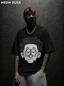 NEON DUSK Men's Black Cartoon Character Round Neck T-Shirt - Black - View 1