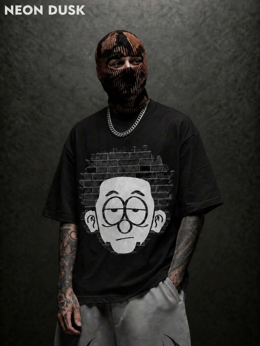 NEON DUSK Men's Black Cartoon Character Round Neck T-Shirt - Black - View 1