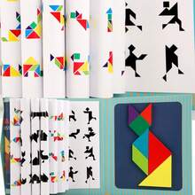Sách giải đố Tangram bằng gỗ kèm thẻ thử thách, đồ chơi giáo dục trẻ em di động, rèn luyện tư duy logic, phù hợp cho du lịch, ngoài trời và mang theo học tập, đồ chơi thao tác - Trò chơi xếp hình Tangram - Xem 7