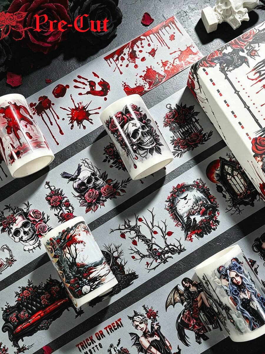 4 Rolls/Box Pre-Cut Dark Gothic Halloween Themed Washi Tape Set, Matte PET Sticker Rolls, Scrapbooking DIY Manual Craft Materials - Raven Night - View 1