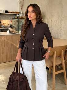 Dirp Noir Women's Elegant Minimalist Front Button Long Sleeve Blazer, Suitable For Commuting, Outings, Office, Autumn Wear - Brown - View 5