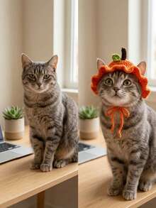 1pc Pet Hat Orange Knitted Cat Hat, Cute Handmade Crochet Halloween Costume Accessories, Soft Ruffled Pet Headpieces For Cats And Dogs' Birthday Party Photo Props, Fun Holiday Role-Playing Hats - Multicolor - View 3