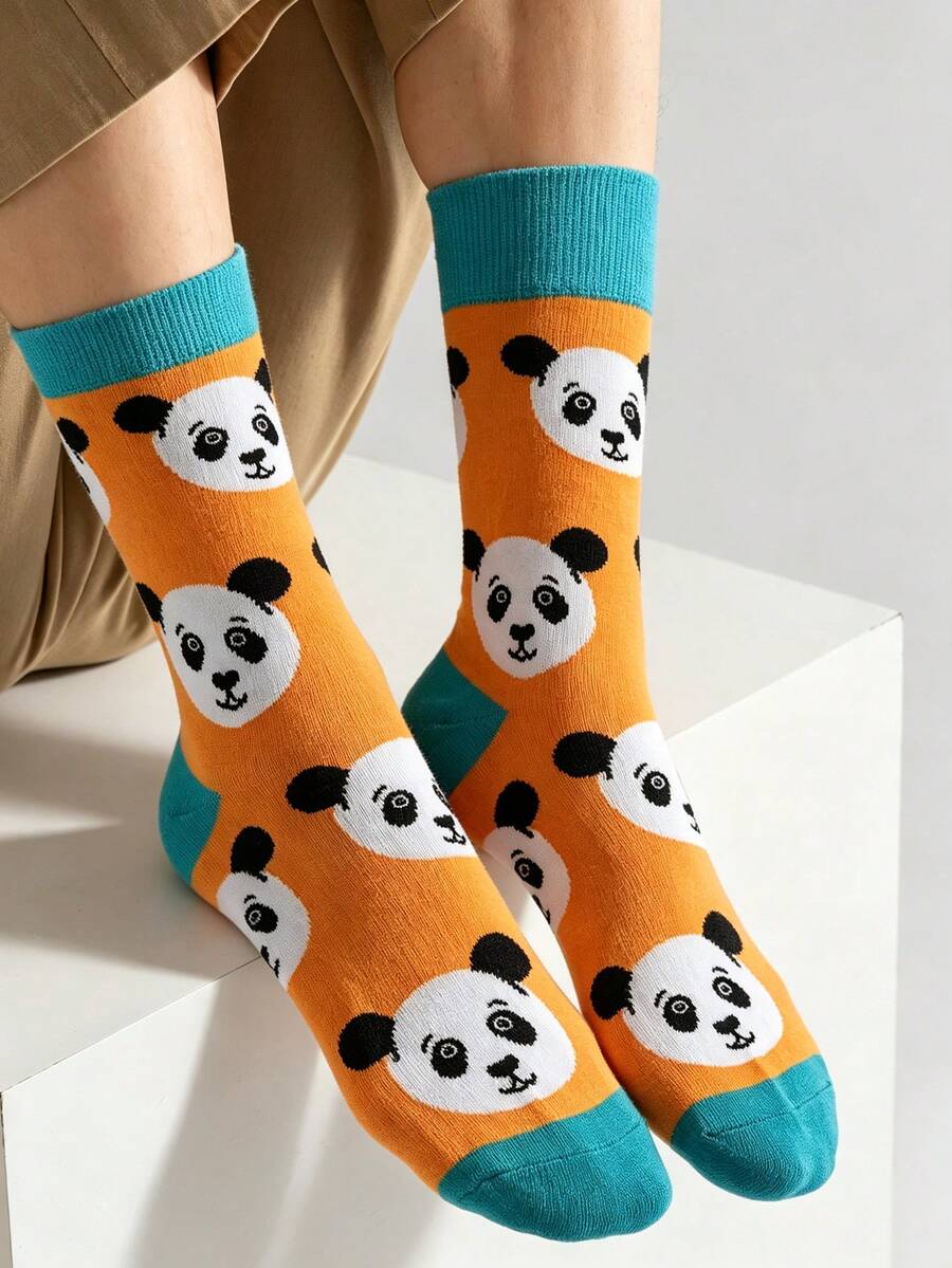 1 Pair Men's Funny Cartoon Panda Pattern Mid-Calf Socks, Orange & Blue Contrast Color, Soft & Breathable, Suitable For Daily Wear And Gifting - Multicolor - View 1