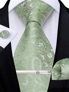 Light Green Paisley Jacquard Men's Tie Set, 4-Piece Set Includes Handkerchief, Cufflinks, Silver Tie Clip, Wedding Accessories - Green - View 1