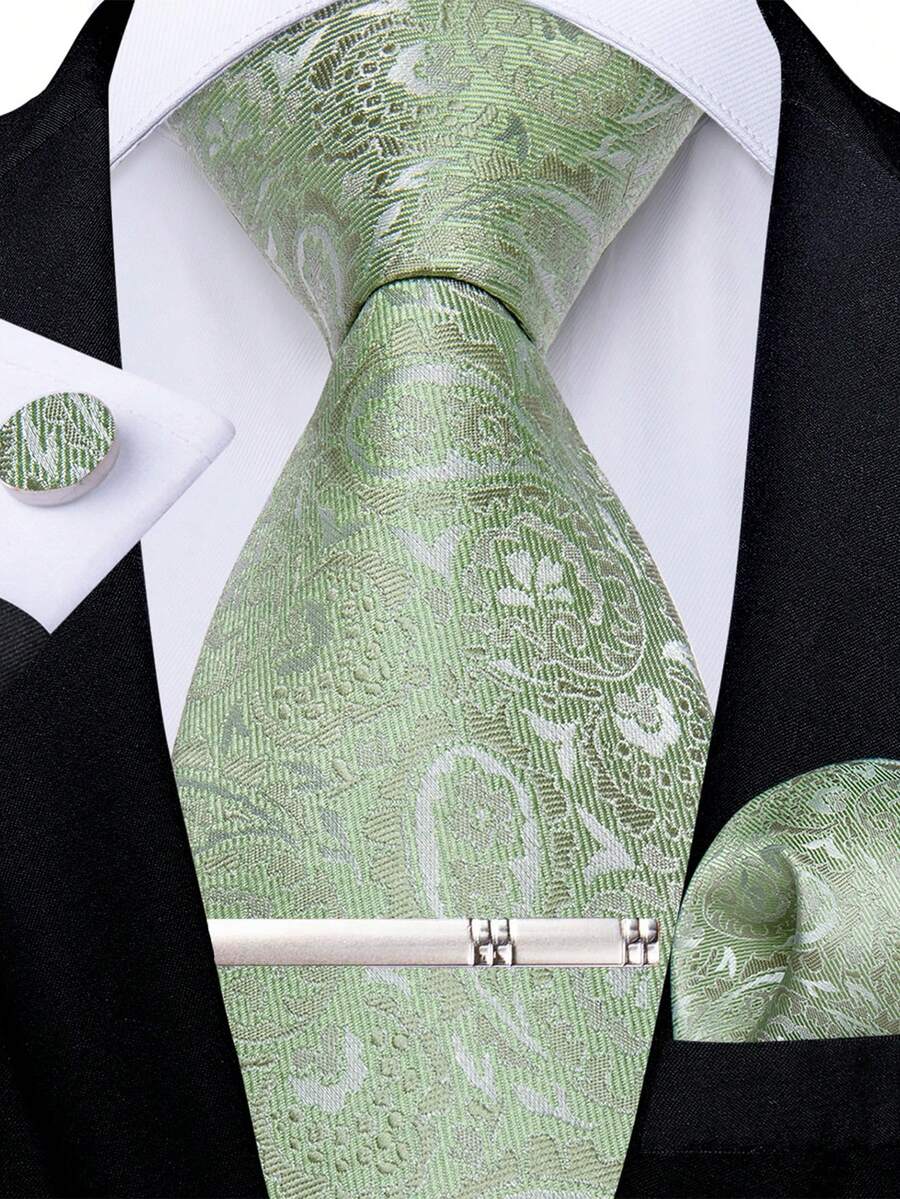 Light Green Paisley Jacquard Men's Tie Set, 4-Piece Set Includes Handkerchief, Cufflinks, Silver Tie Clip, Wedding Accessories - Green - View 1