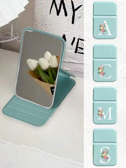 Mini Foldable Portable Makeup Mirror Featuring A Pattern Of Pink Flowers And White A-Z Letters.,Green Makeup Mirror,Makeup Mirror With Stand,Travel Mirror,Beauty Product,Desktop Makeup Mirror,Foldable Small Minimalist Makeup Mirror,Women's Travel Portable Makeup Mirror,Suitable For Christmas, Birthday, Back To School, Graduation, Travel Gifts