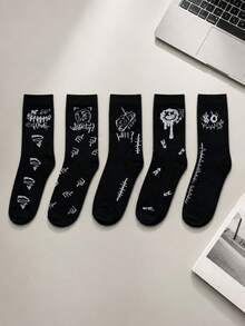 5 Pairs Men's Graffiti Mid-Calf Socks, Black & White Street Style Personalized Pattern Casual Socks, Soft Comfortable Breathable Spring Autumn Men's Socks, Suitable For Daily Commute, Leisure, Sports, Streetwear - Multicolor - View 7