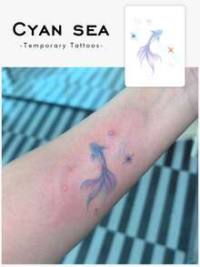 1pc Temporary Tattoo Sticker, Dreamy Gradient Goldfish Star Bubble Pattern, Realistic Fake Tattoo Design, For Daily Wear, Bachelorette Party Favors, Music Festival, Game, Graduation Gift, Lasts 3‑5 Days - Multicolor - View 1