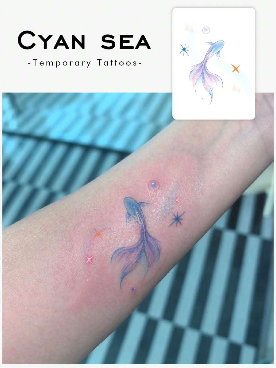 1pc Temporary Tattoo Sticker, Dreamy Gradient Goldfish Star Bubble Pattern, Realistic Fake Tattoo Design, For Daily Wear, Bachelorette Party Favors, Music Festival, Game, Graduation Gift, Lasts 3‑5 Days - Multicolor - View 1