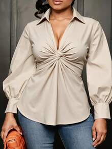 Plus Size Women's Elegant Front Knot Ruched Long Sleeve Blouse - Milky White - View 1