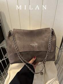 Tas Tangan Wanita Bergaya Vintage, Tas Bahu Rantai Serbaguna Musim Gugur/Dingin, Tas Tote Selempang Kapasitas Besar, Cocok untuk Perjalanan Kerja/Pergi ke Kantor, - Kopi - View 1