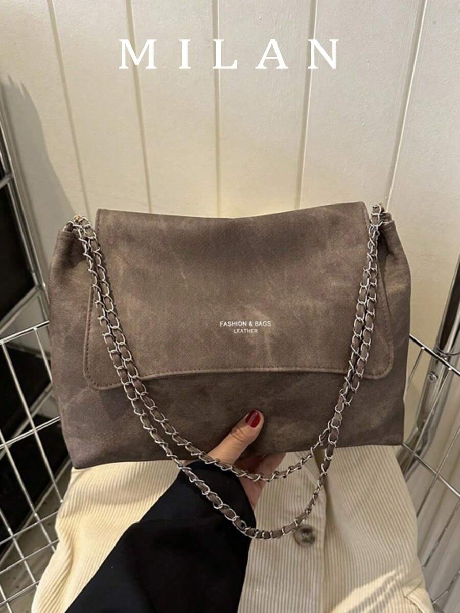 Tas Tangan Wanita Bergaya Vintage, Tas Bahu Rantai Serbaguna Musim Gugur/Dingin, Tas Tote Selempang Kapasitas Besar, Cocok untuk Perjalanan Kerja/Pergi ke Kantor, - Kopi - View 1