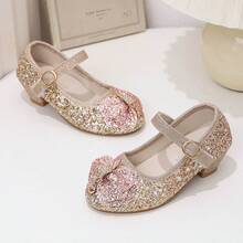 Sparkling Sequin Girls Princess Shoes, Fine Glitter Bowknot With Rhinestone Heart Pendant, One-Strap Magic Hook & Loop Closure, Easy On & Off, Suitable For Performance, Birthday Party, Dress Matching - Champagne - View 8