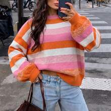 Women's Comfortable Striped Knit Pullover Sweater, Long Sleeve Loose Warm Pullover, Suitable For Winter Wear - Multicolor - View 3