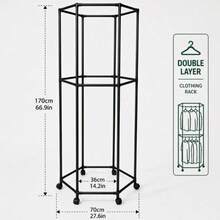 Movable Circular Clothes Rack, Gold-Colored Garment Rack With Wheels And Top Cover - Black - View 5