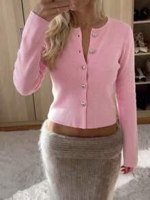 Live To Mo Women's Cute Pink Button Knit Cardigan, Elegant Casual Sweater, Suitable For Autumn Back To School, Commuting And Outings - Pink - View 3