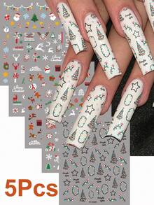 5Pcs Kawaii Christmas Nail Stickers Set,Self-Adhesive Santa Snowflake Reindeer Christmas Tree Snowman Pattern Nail Decals, Xmas Holiday Nail Art Decor For DIY Nails Salon - Multicolor - View 1