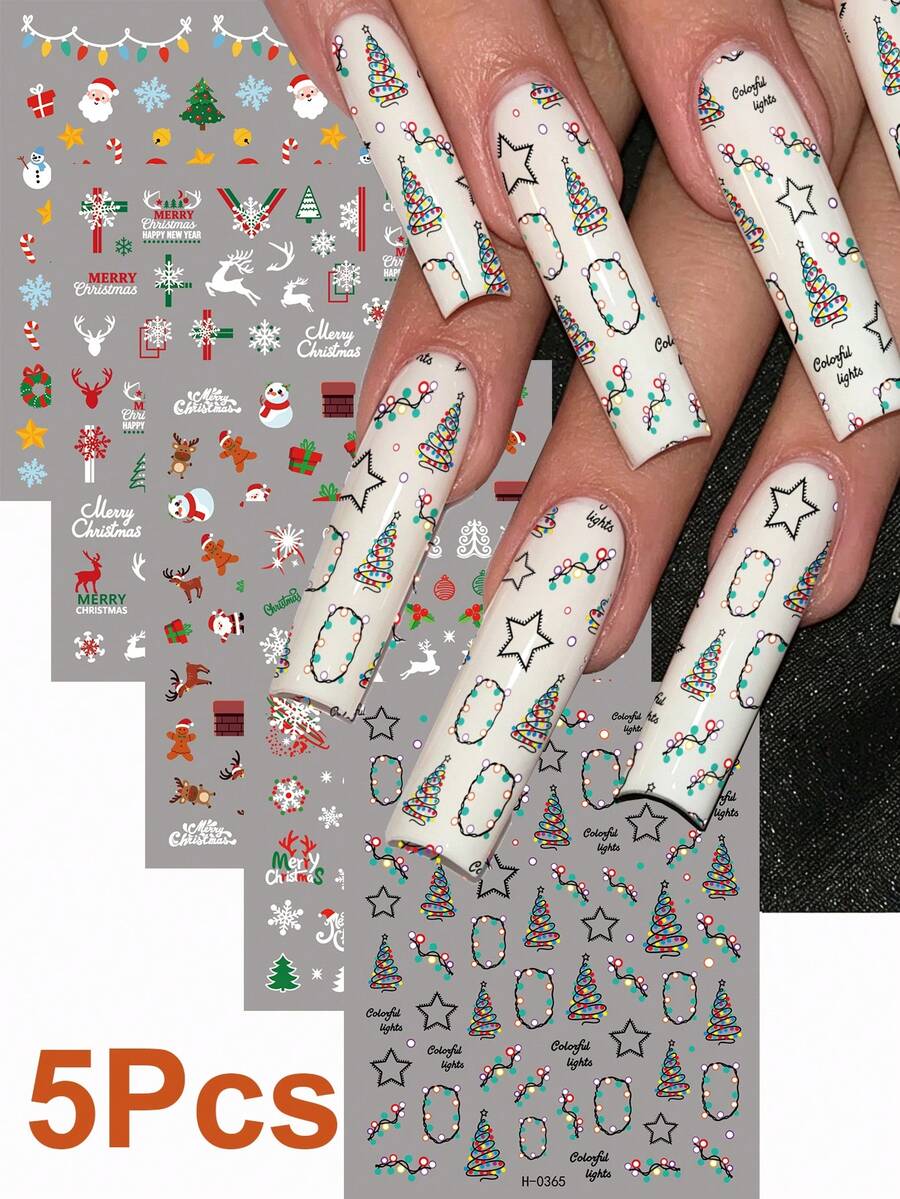 5Pcs Kawaii Christmas Nail Stickers Set,Self-Adhesive Santa Snowflake Reindeer Christmas Tree Snowman Pattern Nail Decals, Xmas Holiday Nail Art Decor For DIY Nails Salon - Multicolor - View 1