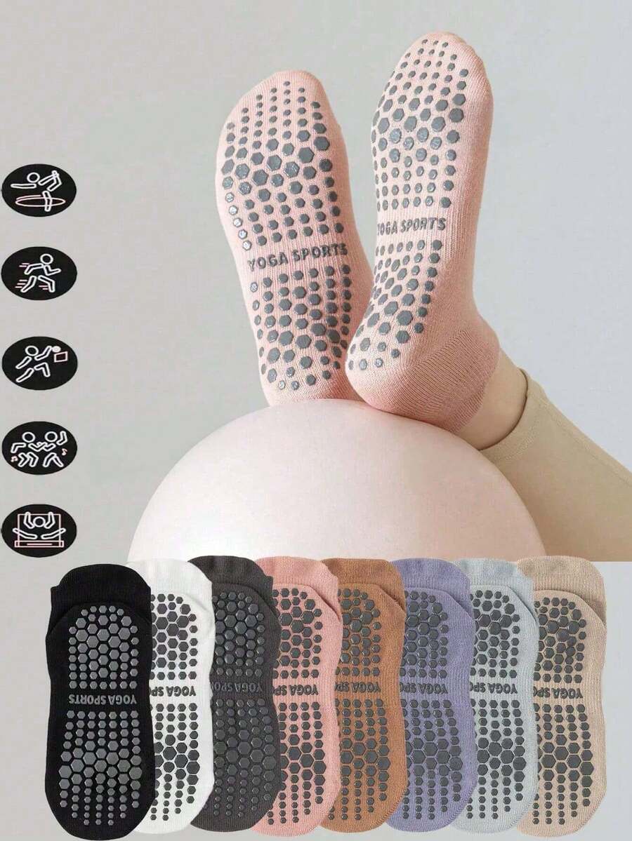 1/3/5/6/7/8/10 Pairs Women's Pilates Yoga Socks, Professional Non-Slip, Suitable For Dance, Yoga, Fitness, Floor Sports, Ankle Socks With Silicone Grip, Invisible Toe Socks, Solid Color, Suitable For Indoor Fitness, Dance, Yoga, Gym, Floor Sports Boat Socks, Valentine's Day & M - Multicolor - View 1