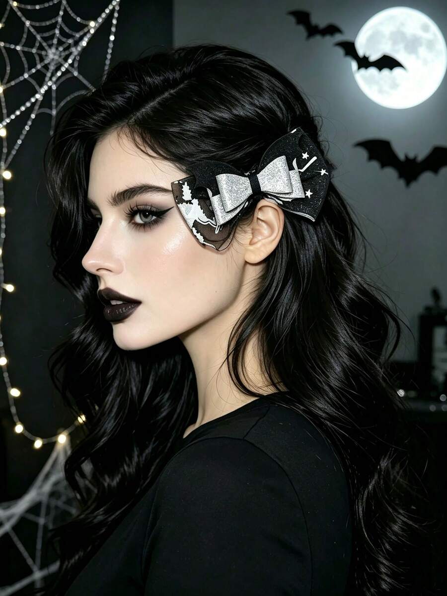 Halloween Glitter Bat Bow Hair Clips, Tulle Mesh Bow Barrettes, Dark Gothic Cosplay Party Hair Accessories For Women - Multicolor - View 1