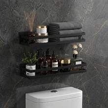 1pc Bathroom Storage Rack Wall-Mounted Matte Black Shower Organizer No Drilling Installation Floating Metal Shelf Suitable For Toilet Above And Sink Multi-Functional Hanging Basket Home Decor And Space Expansion Storage Rack - Multicolor - View 1