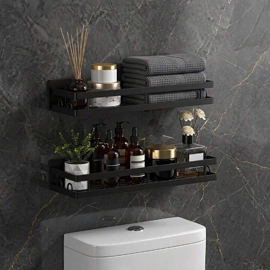 1pc Bathroom Storage Rack Wall-Mounted Matte Black Shower Organizer No Drilling Installation Floating Metal Shelf Suitable For Toilet Above And Sink Multi-Functional Hanging Basket Home Decor And Space Expansion Storage Rack - Multicolor - View 1