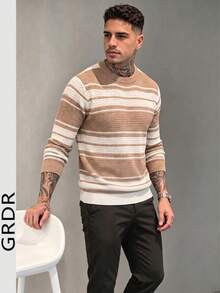 GRDR Men's Striped Colorblock Hollow Knit Sweater - Fashionable Minimalist Long Sleeve Pullover - Apricot - View 2