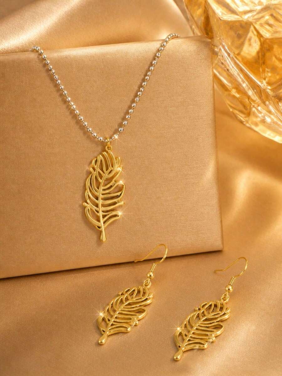 VceTd Juego de 1/2/3 piezas Collar con colgante de pluma dorada elegante y romántica con cadena de cuentas plateadas y pendientes de pluma en acero inoxidable para mujer, adecuado para uso diario, vacaciones o regalo festivo - Amarillo Oro - Ver 1