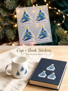 1pc Blue & Gold Christmas Tree Pattern Decorative Sticker With Tweezers, Featuring "Merry Christmas" Text, Adhesive Backing Design, Suitable For Water Cups, Gift Boxes, Containers, Books Surface Decoration - Christmas Style - View 2