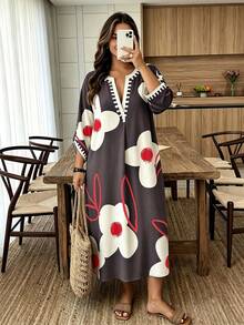 Spring & Fall V-Neck Loose Long-Sleeve Dress With Large Floral Print, Casual Beach Vacation Plus Size Dress Elegant - Multicolor - View 1
