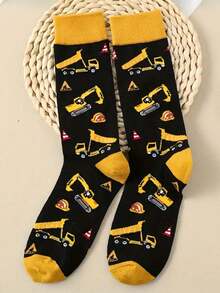 Men's Mid-Calf Socks 1/3 Pairs Randomly Shipped, Fun Pattern Socks With Construction Vehicle And Red Wine Print, Novel Mid-Calf Socks Suitable For Daily Casual Wear, Gift - Multicolor - View 2