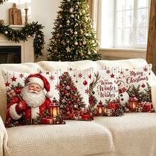 4pcs Vintage Christmas Pillow Covers, Snowman, Reindeer, Santa Claus, Exquisite Christmas Tree Gift Print Pattern, Clear 2D Printing Process, 45*45cm (18*18in), Soft Comfortable Polyester Cushion Covers, Zipper Closure, Machine Washable, Suitable For Living Room, Bedroom, Winter Holiday Home Decor (Pillow Covers Only, Pillow Insert Not Included) - Multicolor - View 9