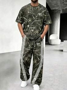 Men's American HE STAR Branch Print Short Sleeve Wide Leg Pants Set - Multicolor - View 1