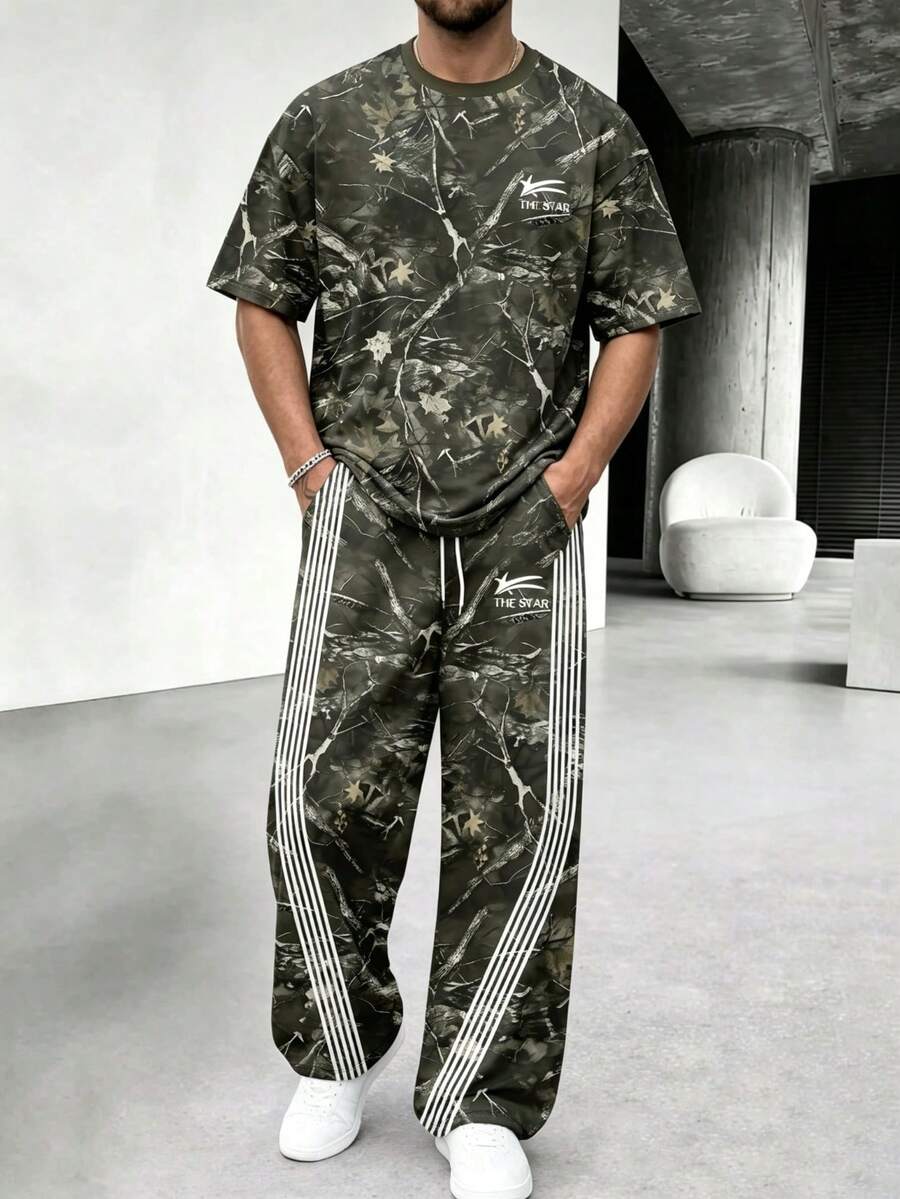 Men's American HE STAR Branch Print Short Sleeve Wide Leg Pants Set - Multicolor - View 1