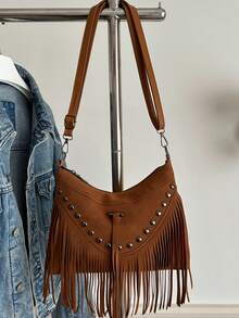 Dedoo Women's Shoulder Crossbody Bag,Crescent Underarm Bag,Suede Material,Rivet Fringe Detachable Strap,Portable Storage,For Vacation Girls Autumn Winter - Brown - View 3