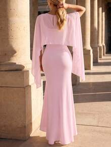 Perirose Women's Solid Color Round Neck Cape Sleeve Fitted Mermaid Hem Elegant Extra Long Dress - Pink - View 6