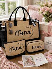 亞麻三件式托特包附肩帶，印有「Nana Pray Hug Love Spoil」文字，大容量時尚手提包，教堂活動禮品，側邊杯子網袋，方便收納聖經、筆電、杯子、雨傘等，適合生日、教師節、聖誕節、復活節禮物 - 彩色 - 查看 4