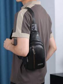 Men's Sling Chest Bag, PU Crossbody Backpack, Casual Daypack For Daily Work Travel Outdoor - Black - View 2