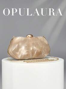 OpulAura 1件金色歐美風女士壓克力晚宴手拿包，不對稱方盒設計搭配對比色搭扣，適合派對、宴會/婚禮、情人節場合 - 杏色 - 查看 2