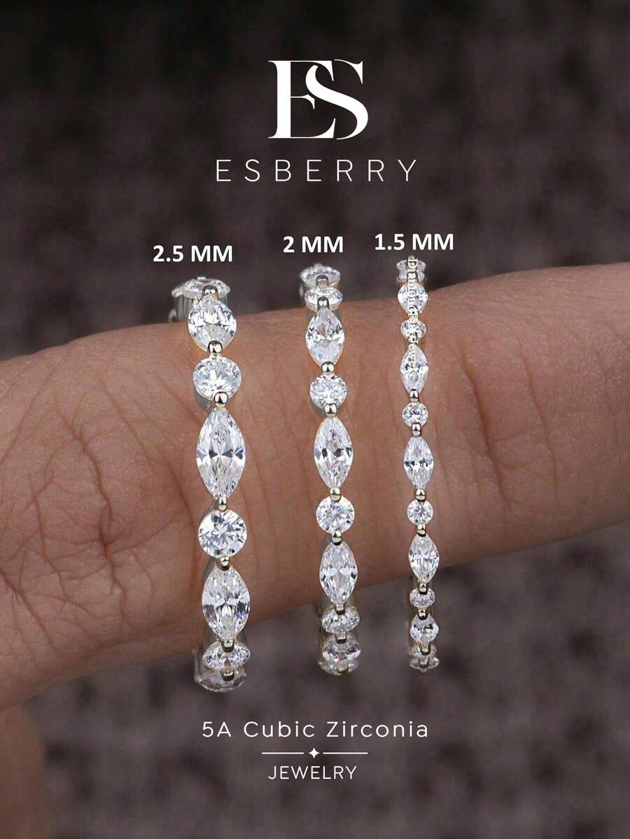 ESBERRY 1件 2mm 馬眼形與圓鑽切割婚戒，半永恆環帶，半圓鑽戒指，可疊戴戒指，單爪鑲嵌婚戒