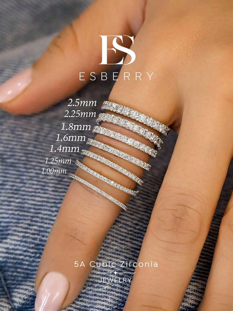 ESBERRY 1pc 1.4-1.8mm Round Cut Wedding Ring, Half Eternity Ring, Full Circle Pave Stackable Ring, Single Claw Set Wedding Band
